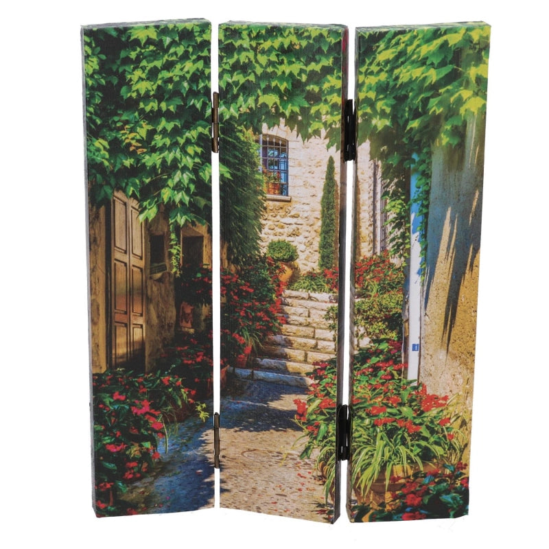 Paravento stampa 3 ante scalinata con fiori cm 120,6x2,5h180