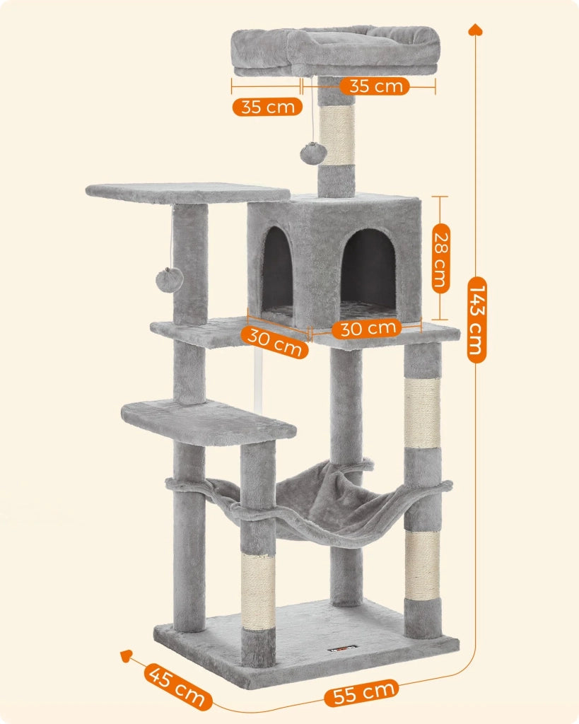 Albero per gatti con amaca torre da gioco 143 cm grigio chiaro 12_0003845