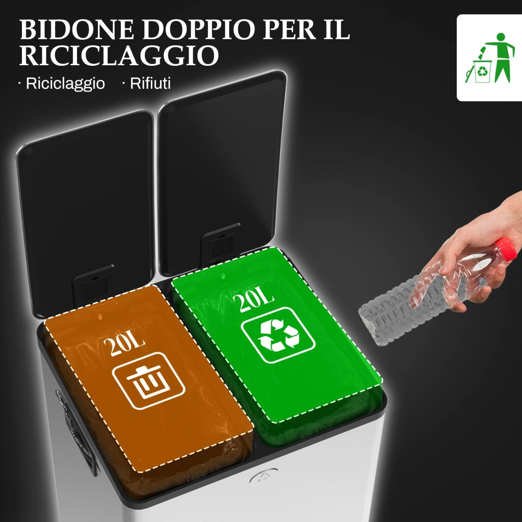 Pattumiera a Pedale 2 Sezioni da 20L 45,8x36x51,6 cm in Acciaio Inox e PP