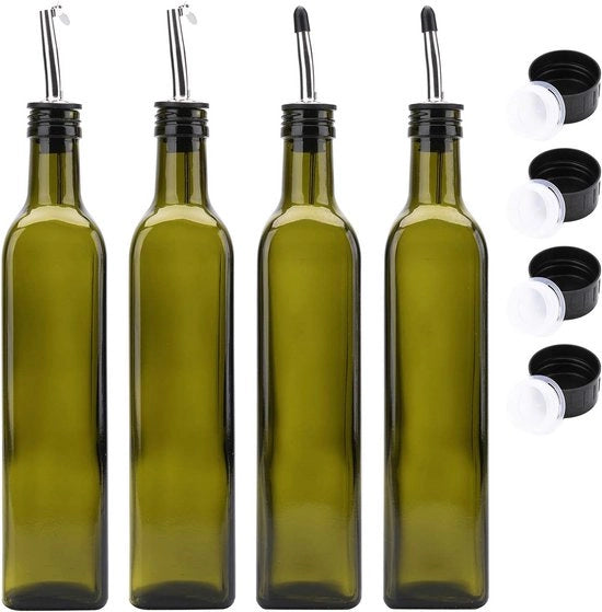 Olio di Oliva con Aceto 4 pezzi – Dispensatore in Vetro 500 ml con Beccuccio in Acciaio Inossidabile – Verde Scuro