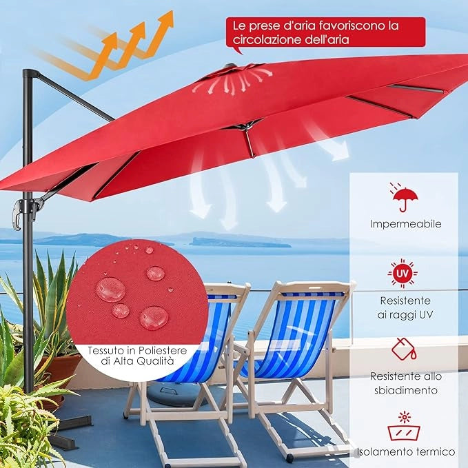 Ombrellone da Giardino, 300 x 300 cm, Ombrellone da Esterno con 3 Inclinazioni, Rotazione a 360°, Manovella, 8 Stecche, Base Incrociata (Vinaccia)