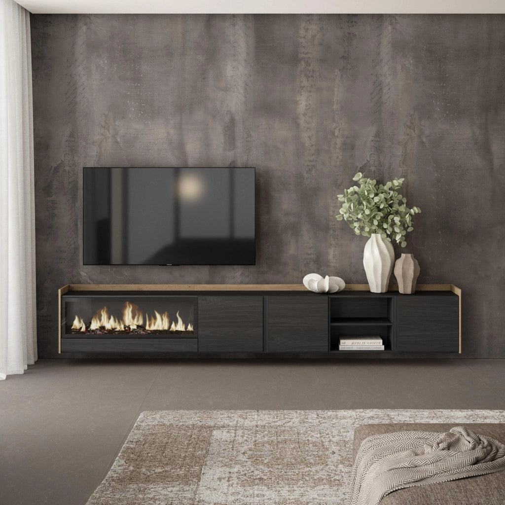 Mobile TV Soggiorno, 315x50x35 cm, Per TV fino a 80", Camino elettrico XXL, Sospeso, da appendere, Nero e rovere