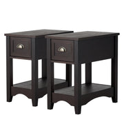 Set 2 tavolino da divano con 1 cassetto e 1 ripiano, Comodini rettangolari in legno massello da soggiorno Marrone scuro