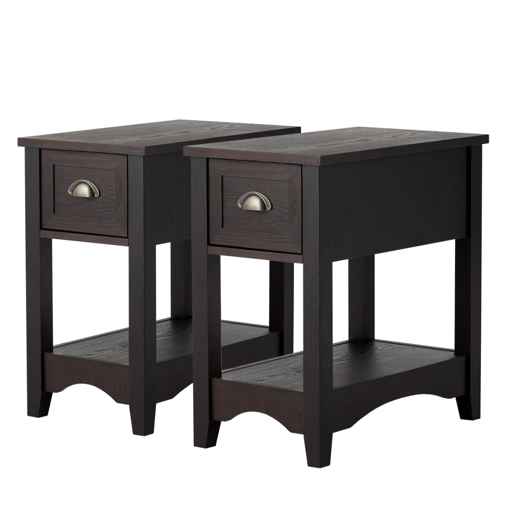 Set 2 tavolino da divano con 1 cassetto e 1 ripiano, Comodini rettangolari in legno massello da soggiorno Marrone scuro
