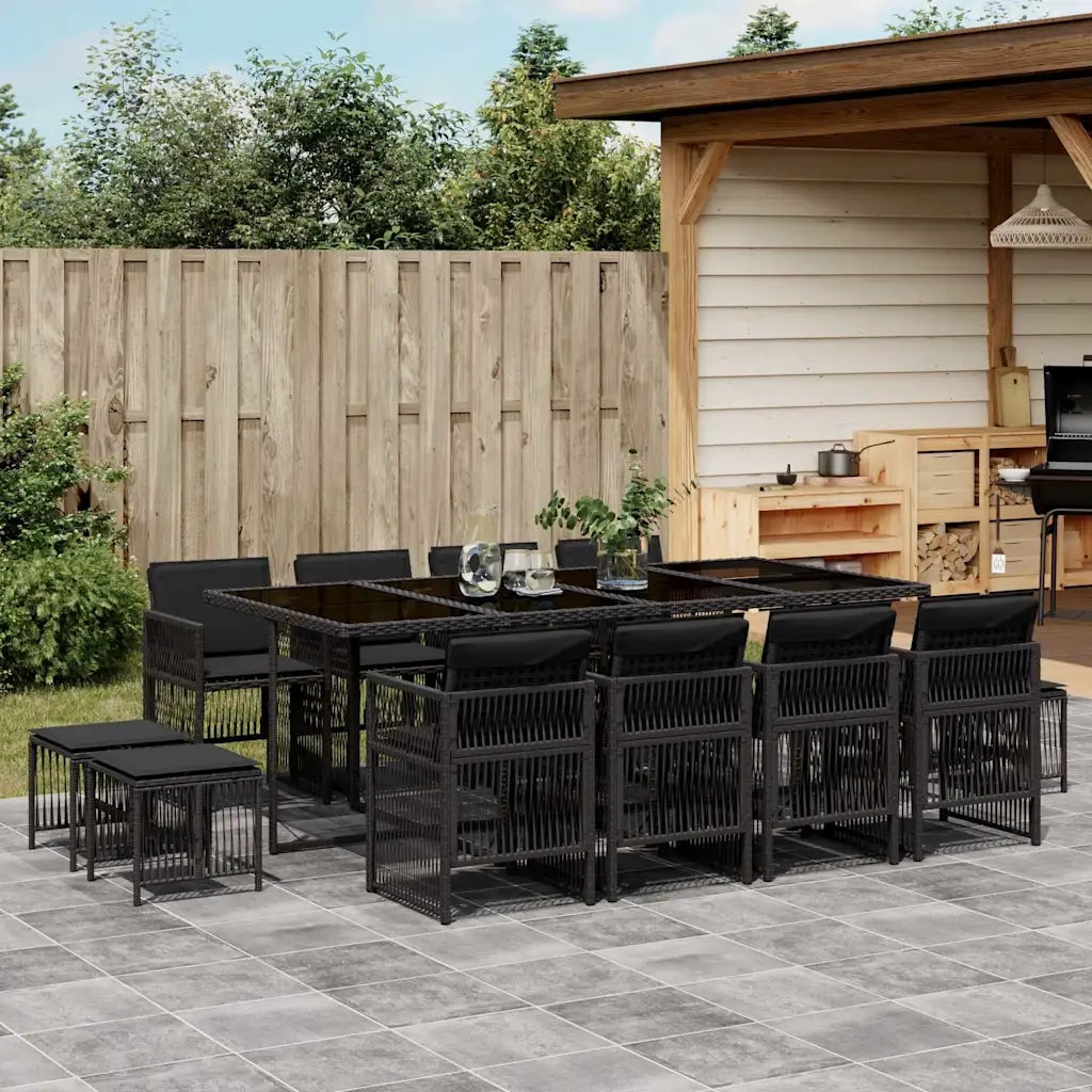 Set da Pranzo da Giardino 13pz con Cuscini Nero in Polyrattan