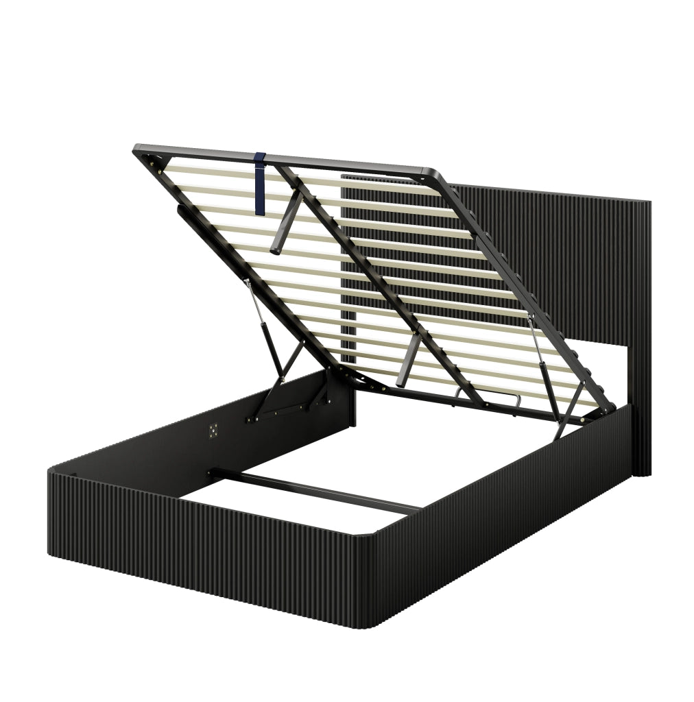 Letto 140x200 cm con contenitore e sistema idraulico; MDF e metallo nero