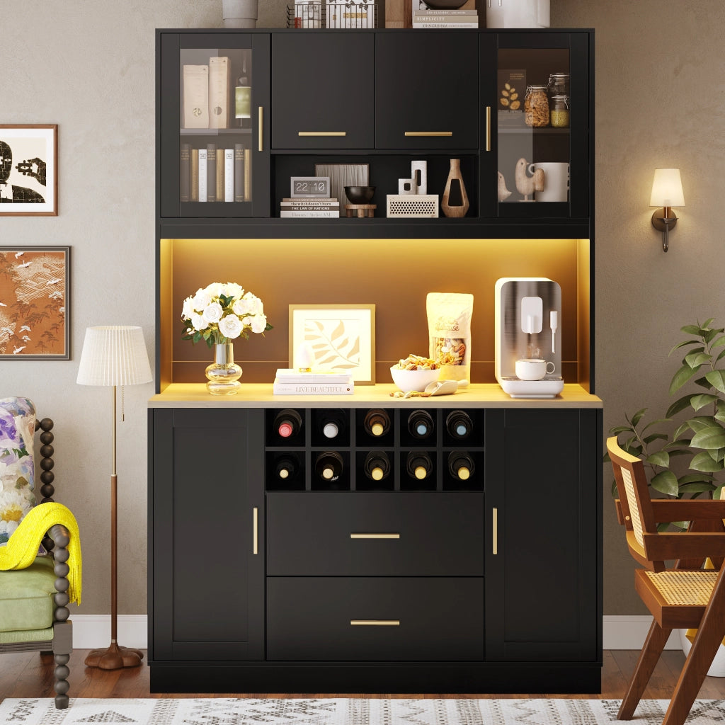 CREDENZA 120x36,3x180 cm nera in MDF e metallo con LED e prese