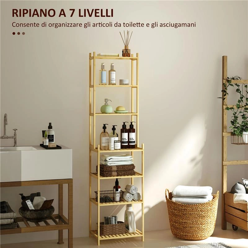 MOBILE SCAFFALE BAGNO A 7 RIPIANI PORTAOGGETTI IN BAMBÙ 44X33X180 CM COLOR LEGNO