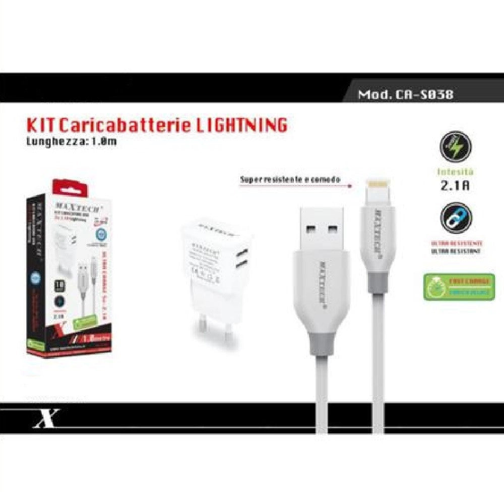 Trade Shop - Caricabatteria Caricatore 2 Porte Usb 2.1a + Cavo Lightning 1 Mt Maxtech Ca-s038 -