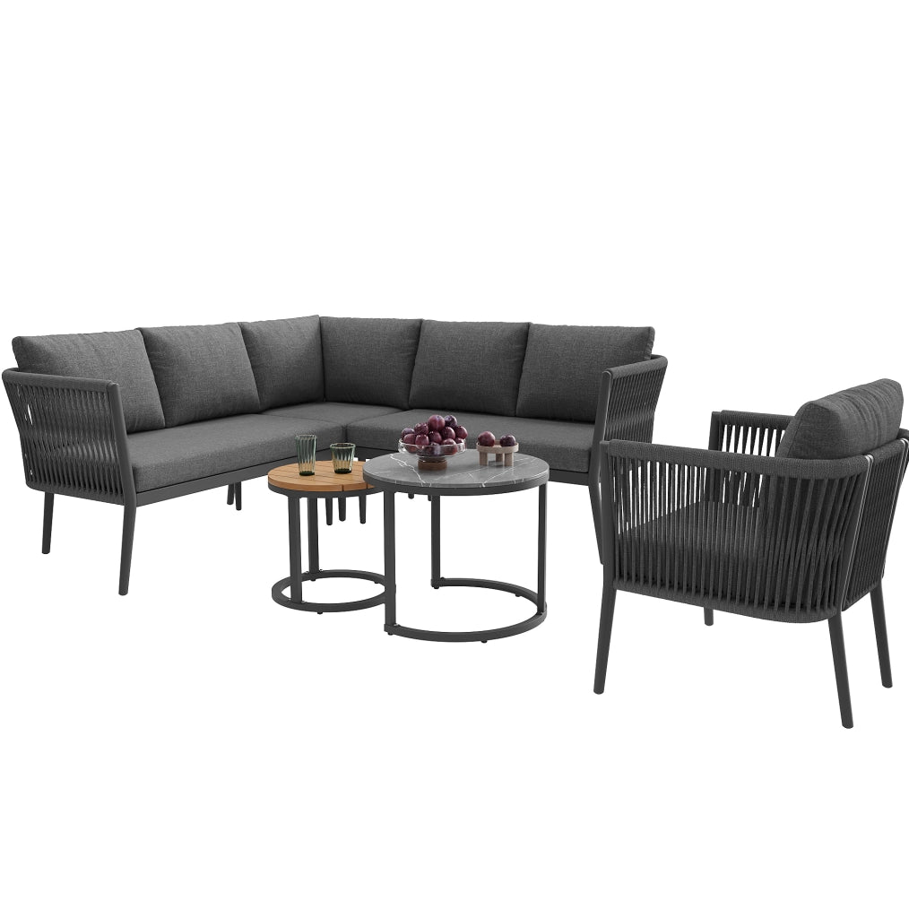 Set lounge da giardino modulare con 2 tavoli; cuscini da 8 cm; metallo e olefin; grigio