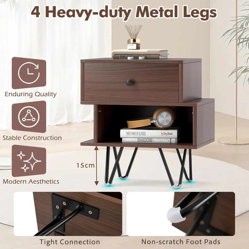 Set di 2 Comodini, Tavolini da Letto in Stile Moderno con Cassetto Rimovibile e Scomparto Aperto, Tavolini da Accento con Gambe in Metallo per Camera da Letto (Noce)