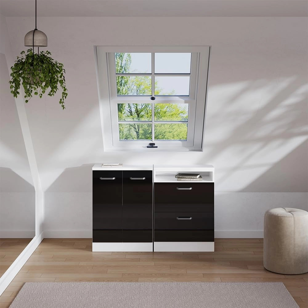Set di mobili sottotetto Rion, Nero lucido, 120 cm Set di 2 carcasse armadio profondità 60 cm, adatto per il salvaspazio sotto tetti spioventi