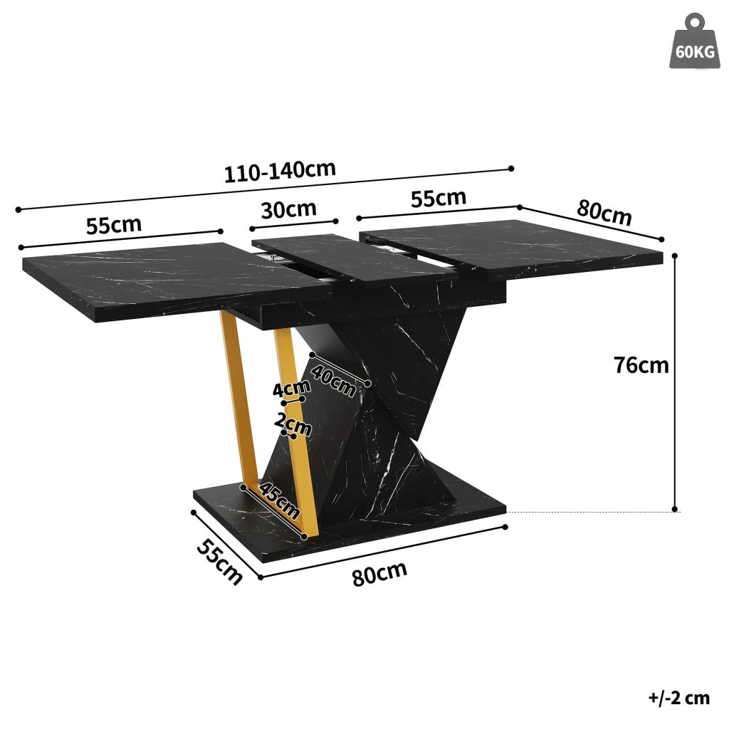 Tavolo da pranzo allungabile con piano effetto marmo, 1 allunga, in MDF e metallo, nero per cucina e soggiorno