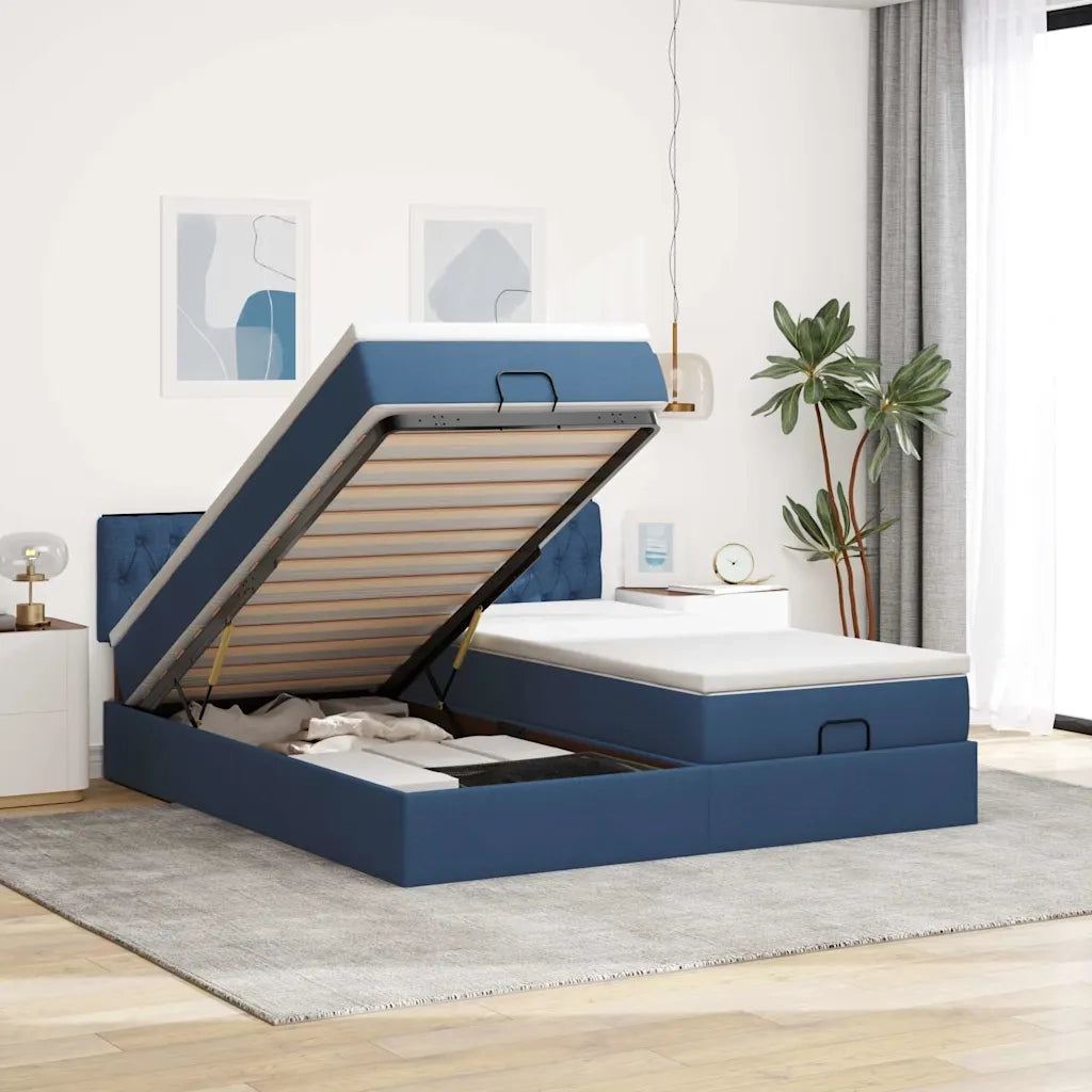Struttura Letto Pouf con Materassi Blu 160x200 cm in Tessuto 3312863