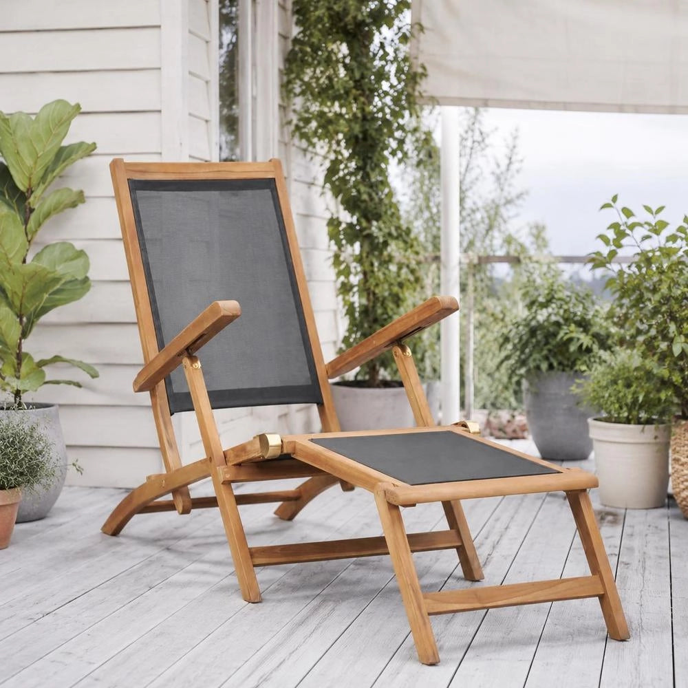 Sun Lounger With Footrest, Solid Teak Wood, Black