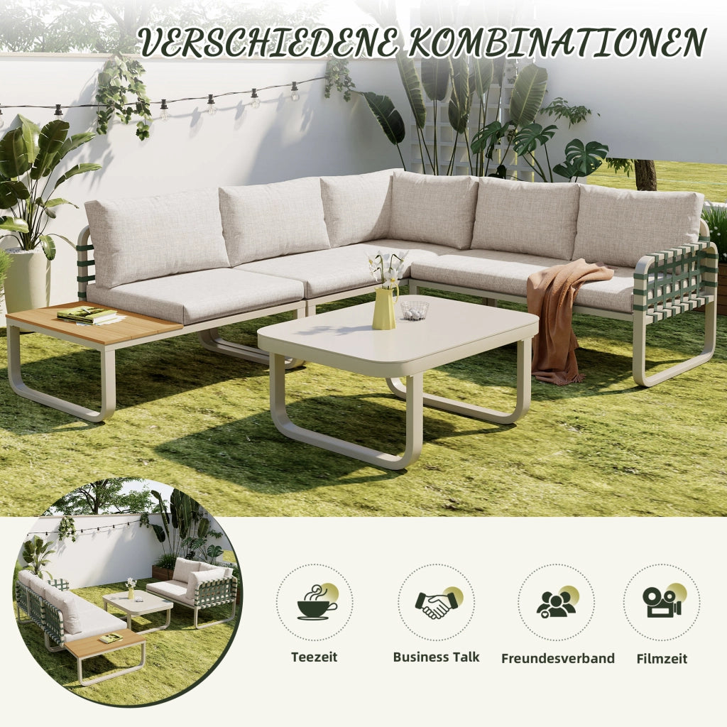 Set salotto giardino 4-5 persone: rattan; Divanooo esterno; cuscini seduta/schienale; crema albicocca