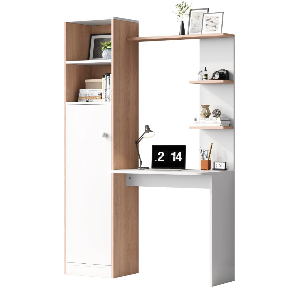 Scrivania con contenitore e scaffalature aperte, design moderno bianco e effetto legno, 123,5x45x168,5 cm
