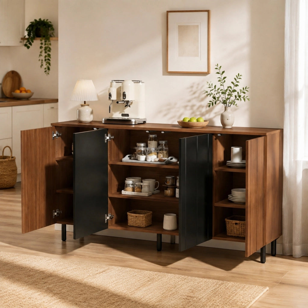 Credenza buffet 160x35x80 cm in truciolare noce e nero con 4 ante