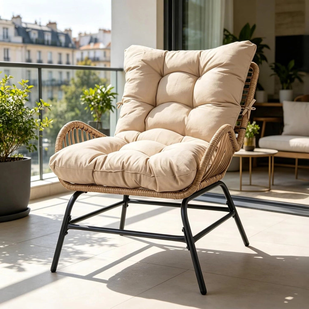 Poltrona da Giardino in Rattan PE, Sedia Relax con Cuscino Imbottito, Portata 180 KG, Sedile Ampio, Schienale e Braccioli, Poltrona Ergonomica per Balcone, Terrazza, Patio, Salotto (1,Tortora)