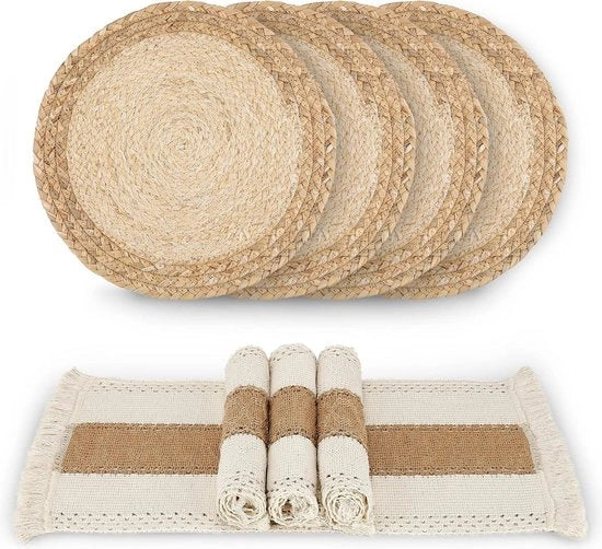 Set di tovagliette per tavola da 4 pezzi - Fatto a mano - Cotone juta naturale - Tessuto impermeabile - Decorazione macramé - Stile rustico - Tavola da pranzo cucina