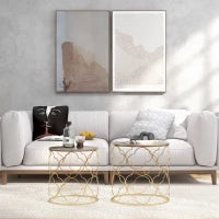 Set di 2 Tavolini da Salotto Impilabili Art Deco in Metallo con Piano in Vetro, Oro