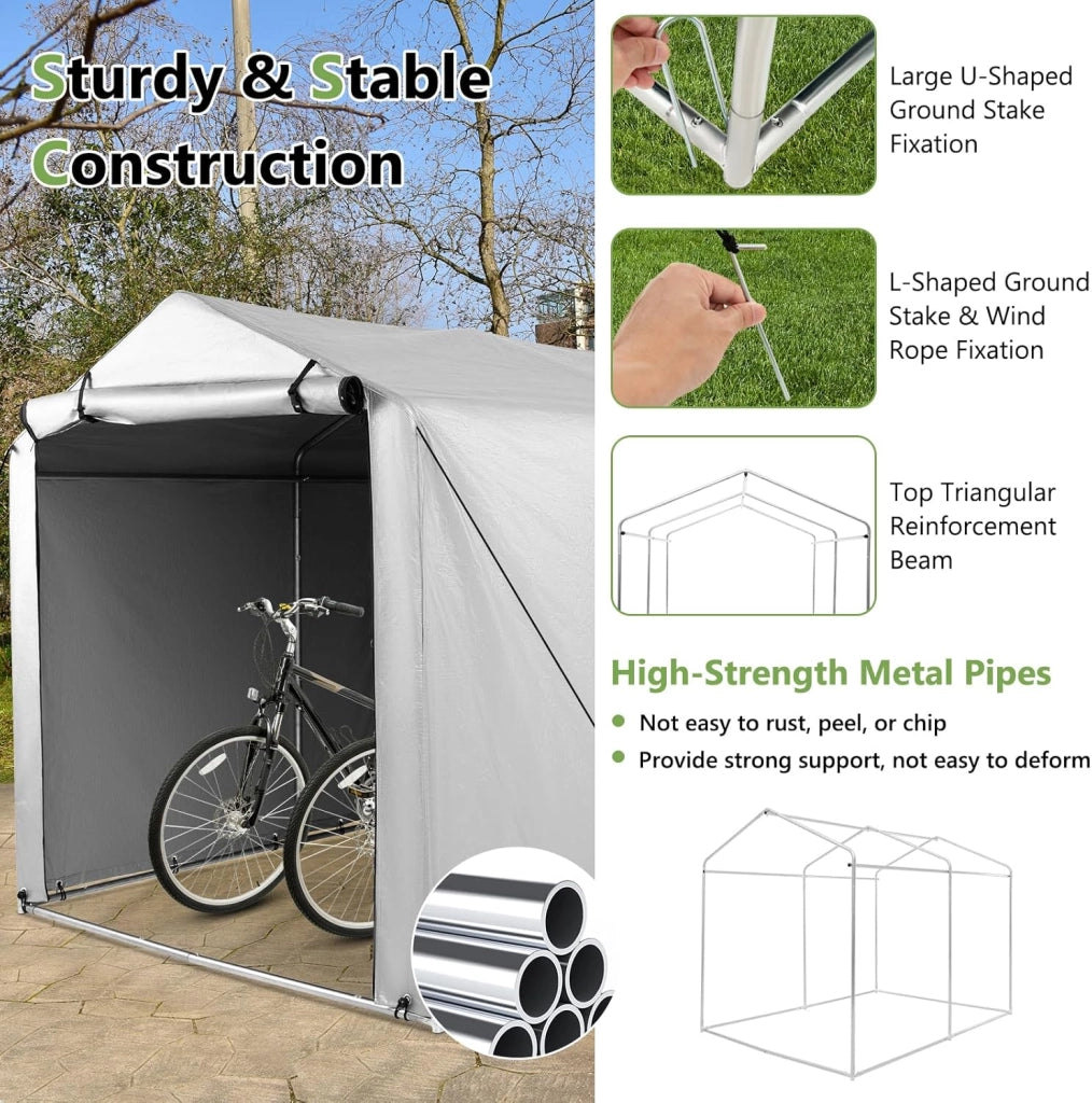 Capanno da Giardino 218 X 160 X 164 CM, Tenda Garage per Bici Moto Attrezzi, con Copertura en PE Impermeabile, Porta con Cerniera, Telaio in Metallo, Picchetti, per Esterno (Grigio Chiaro)