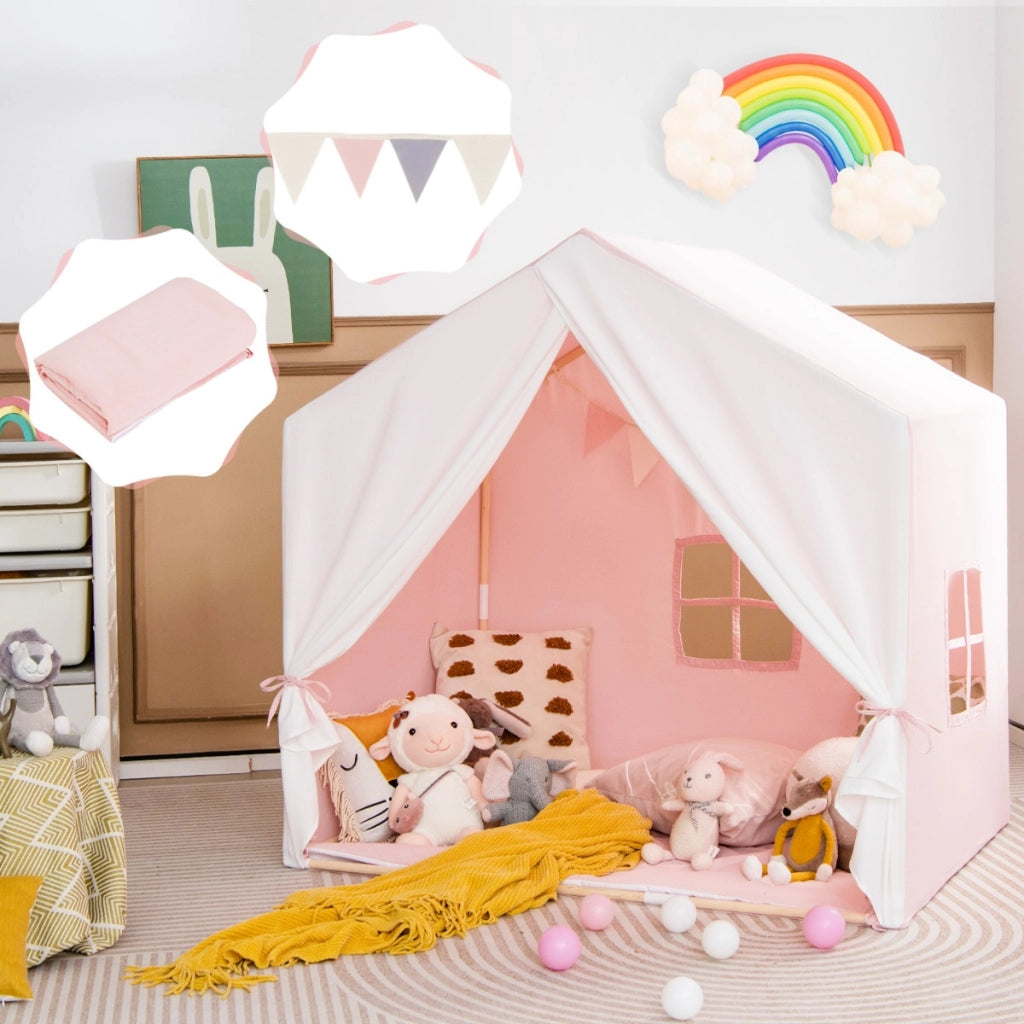 Tenda gioco per bambini con tappetino lavabile e bandiera, Tenda con finestre struttura in legno Rosa-Tende e Casette per bambini