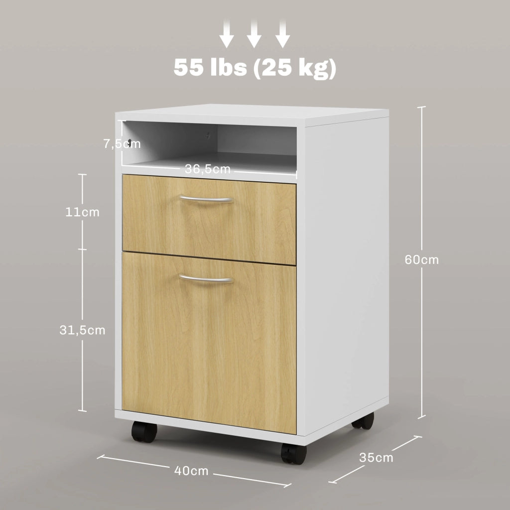 Cassettiera con Anta e Ruote per Ufficio ¨C zephmum ¨C Bianco e Naturale 40x35x60 cm