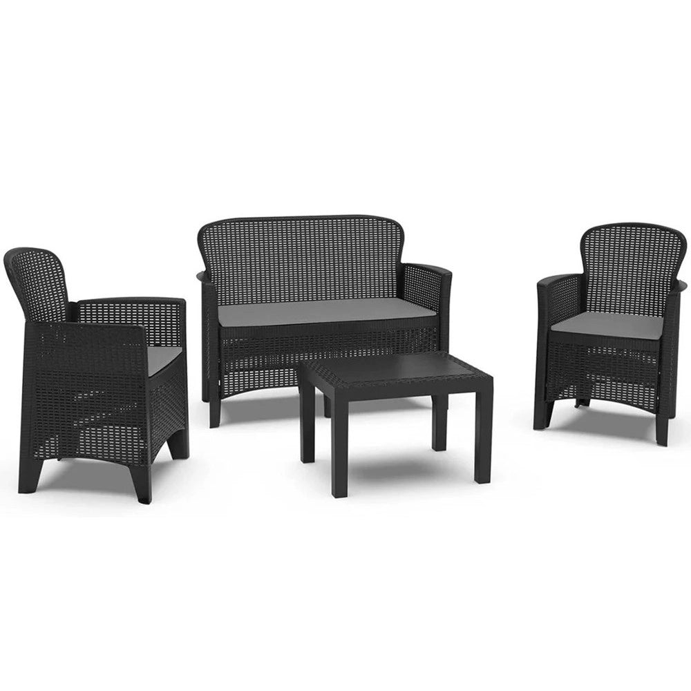 Trade Shop - Set Salotto Giardino Divano 2 Poltrone Tavolino Cuscini Effetto Rattan Antracite 156043 -