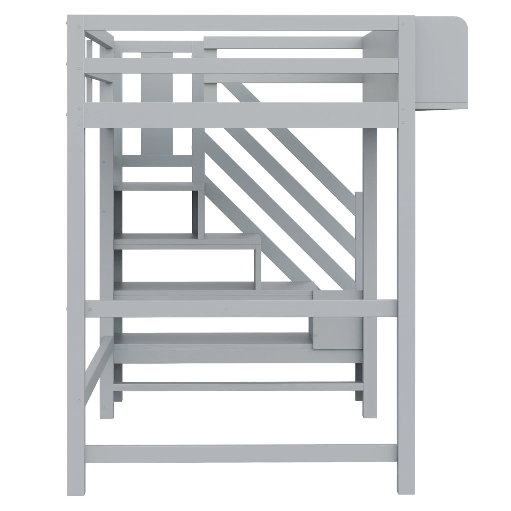 LETTO a soppalco 90x200 cm in legno grigio con LED, scala e vani portaoggetti