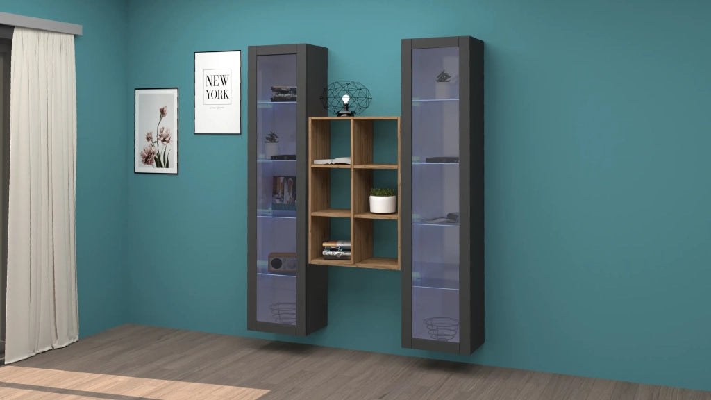 Parete attrezzata sospesa grigia libreria in legno 2 vetrine Kesia RT