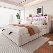 Letto Contenitore 180 × 200 cm 2 posti con USB, Type-C, LED e vani, senza materasso, in velluto, beige