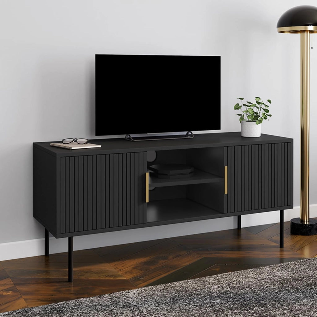 Porta TV MARCEL da 110 cm con 2 ante a doghe in legno nero