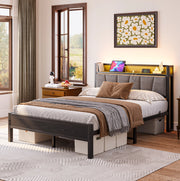 Letto matrimoniale 140x190 cm con LED; testiera contenitore e ricarica USB; nero