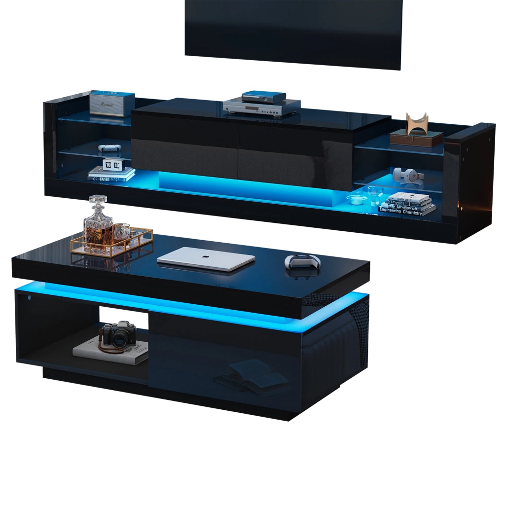 OKWISH Set mobili soggiorno Mobile TV e Tavolino con LED, Frontali Lucidi, in Pannelli di Truciolare Nero