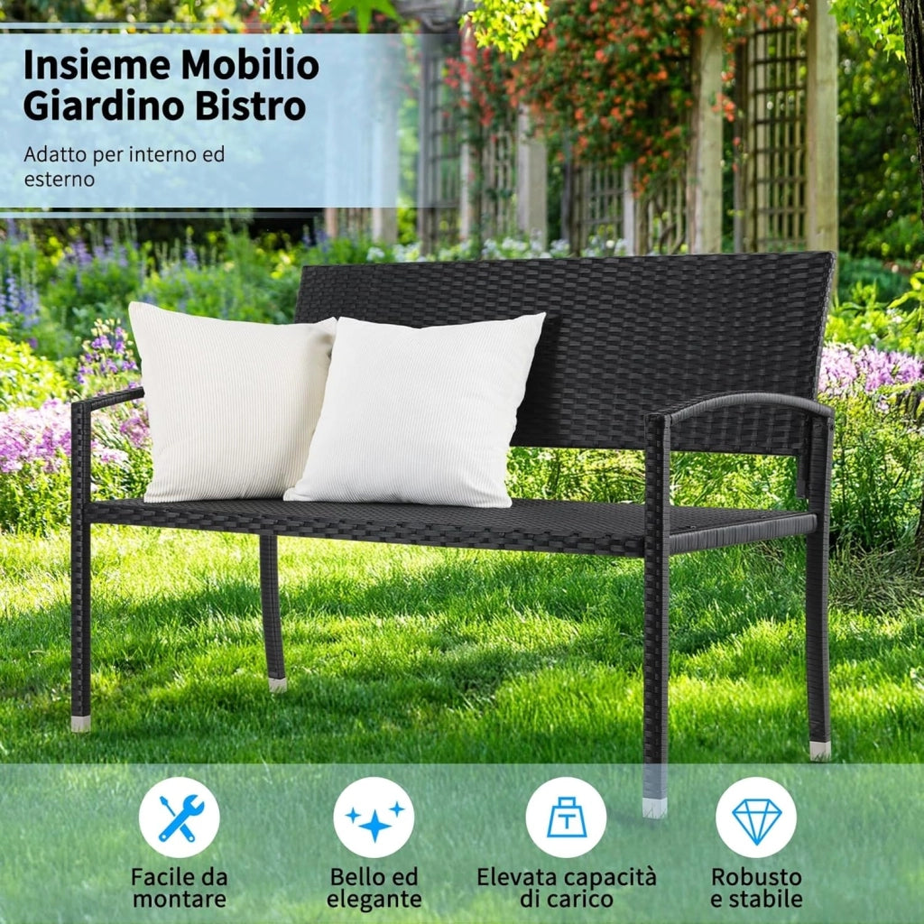 Panca da Giardino in Rattan, Resistente Alle Intemperie, Panca da Balcone a 2 Posti, 122x60x85 cm, Rattan Monofacciale, Sedia da Giardino per Esterno, Terrazze e Balcone, Nero