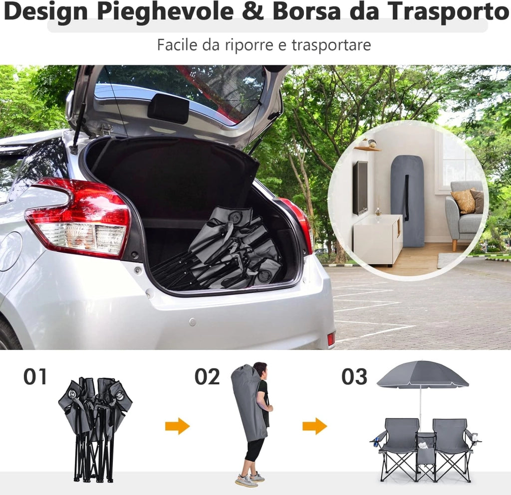 Set di 2 Sedie da Campeggio Pieghevoli, con Ombrellone e Tavolino Contenitore, Resistente e Leggero, Capacità 113 kg (grigio)