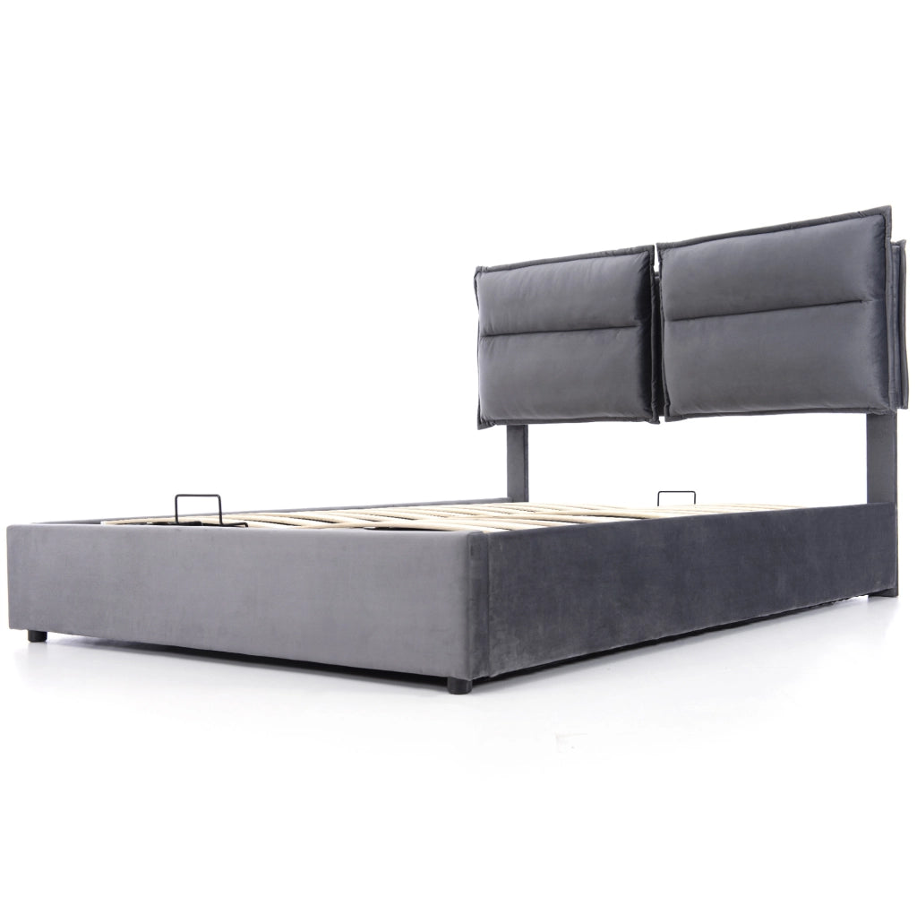 Letto matrimoniale contenitore 140x200 cm con testiera regolabile; velluto grigio