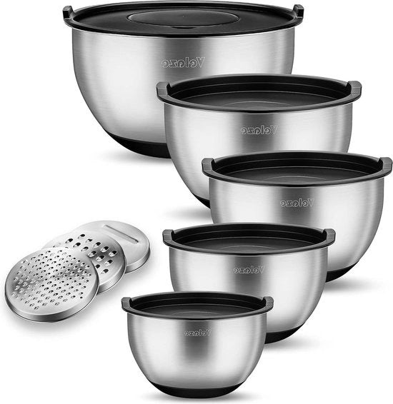 Mangia grano con manico e coperchio - 5 parti con dimensioni graduali - Mangia grano con base antiscivolo in silicone - 3 raspoletti inclusi