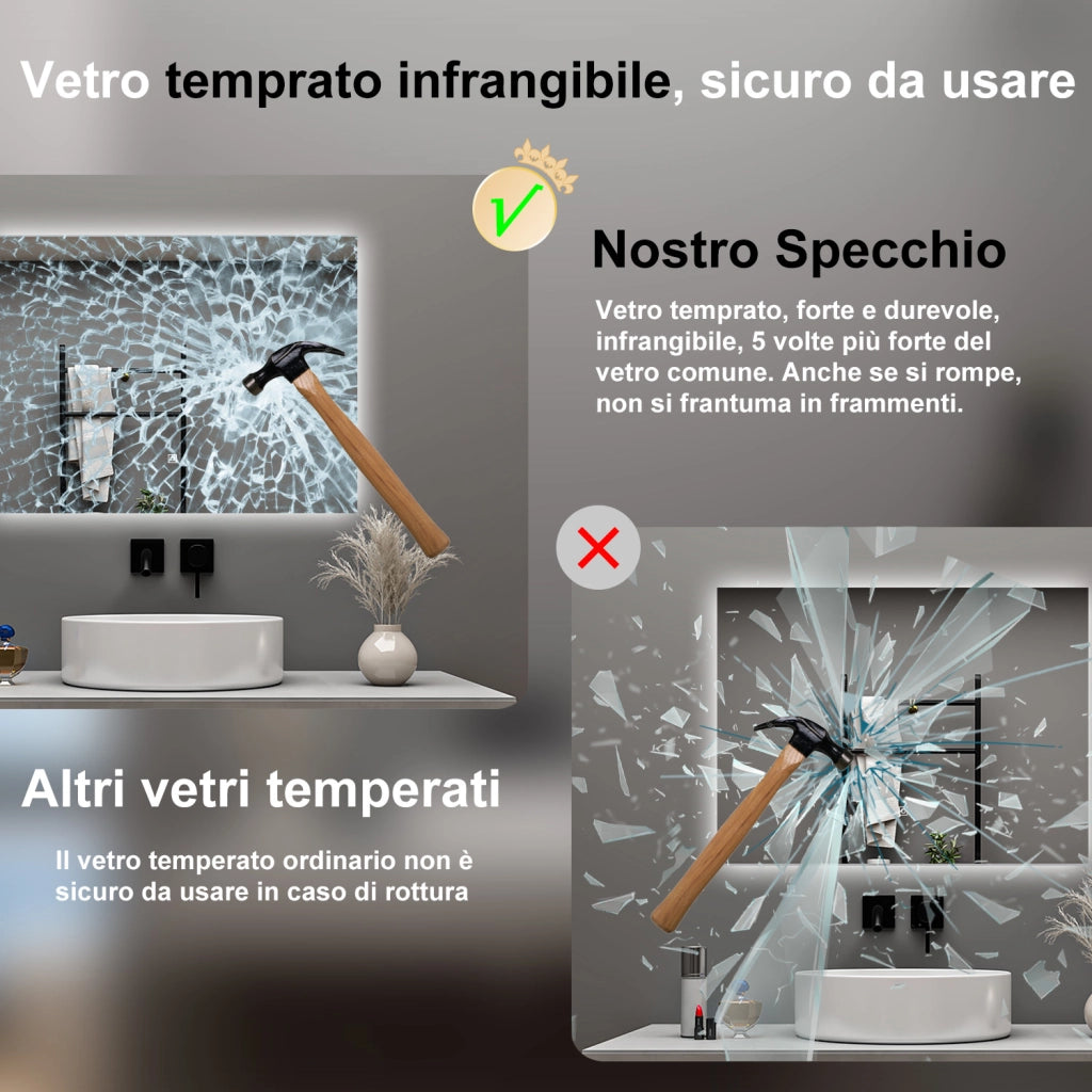 AICA Specchio da bagno 100 x 60 cm, antiappannamento, dimmerabile, interruttore touch, Funzione Memoria