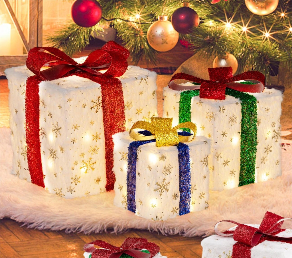 Set di 3 scatole regalo illuminate per Natale, Decorazione natalizia pre-illuminata con 48 luci calde e luminose-Decorazioni natalizie