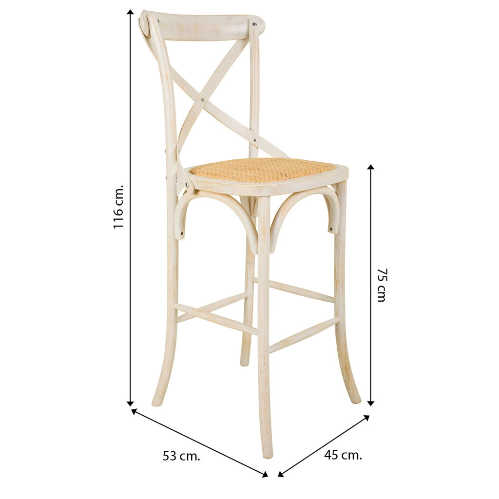 Sgabello in legno e seduta in rattan bianco 45x53x75/116h