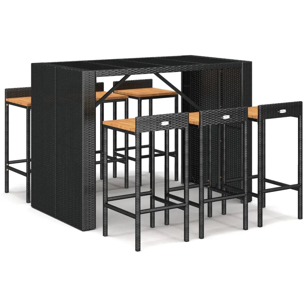 Set Bar Giardino 7 pz Nero Polyrattan e Legno Massello Acacia 3187686