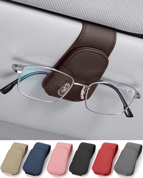 Sostegno in vetro per parabrisas - Portaocchiali in pelle per auto - Portaocchiali - Clip per parabrisas - Marrone