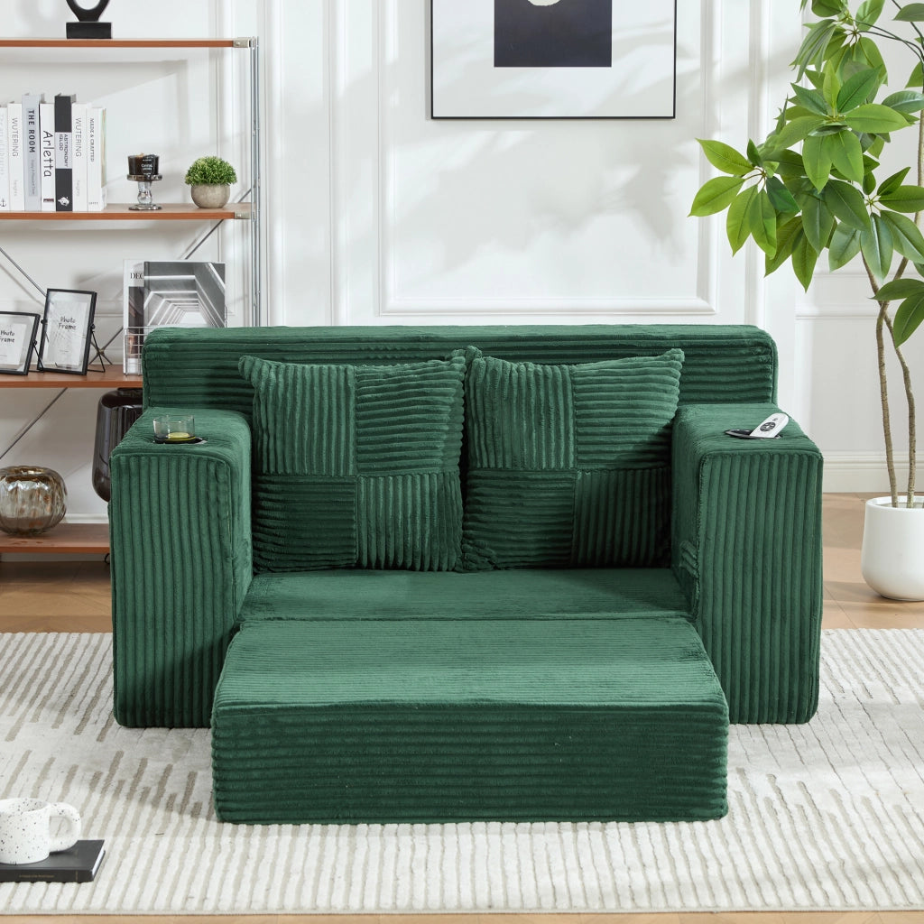 Divano pouf in velluto a coste con 2 cuscini e tasche laterali; 151x133x64 cm; smeraldo