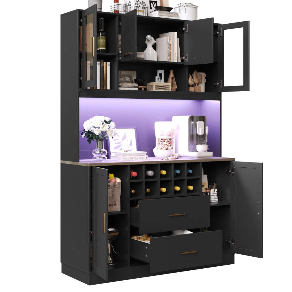 OKWISH Credenza Alta da Cucina con 6 Ante 2 Cassetti LED e Prese USB per Cucina MDF Nero 120 x 36.3 x 180 cm