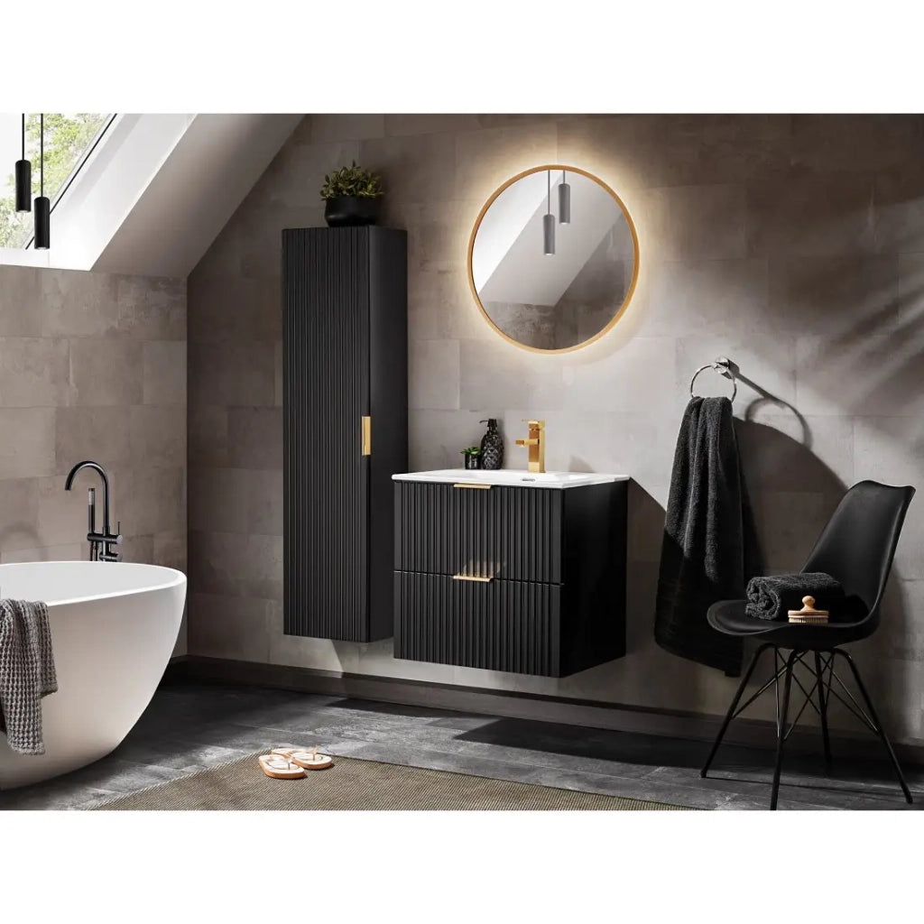 Mobile sotto lavabo NOXERA – 60 cm – 2 cassetti – Nero opaco – Design scanalato sospeso