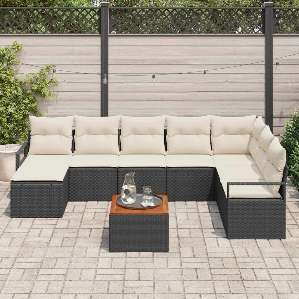Set Divano da Giardino con cuscino 9 pcs Nero polyrattan