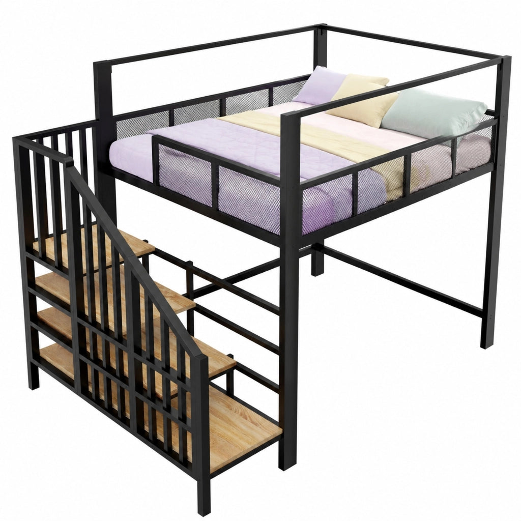 Letto a soppalco alto in metallo 140x200 cm con scala contenitore, baldacchino e rete di sicurezza, nero