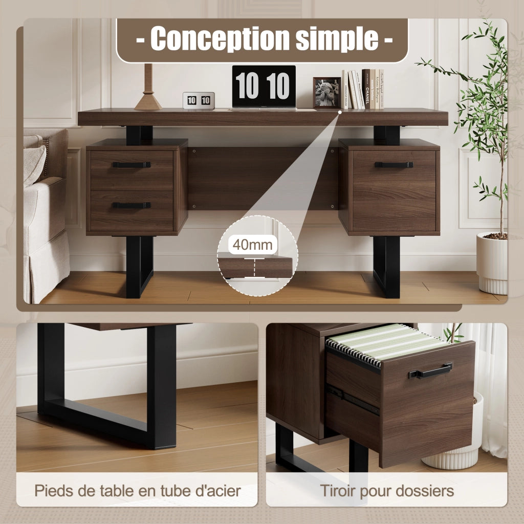 Scrivania lineare con 2 cassetti e vano portadocumenti, piano spesso 4 cm, in MDF e metallo, marrone e nero 135 × 54 × 76 cm